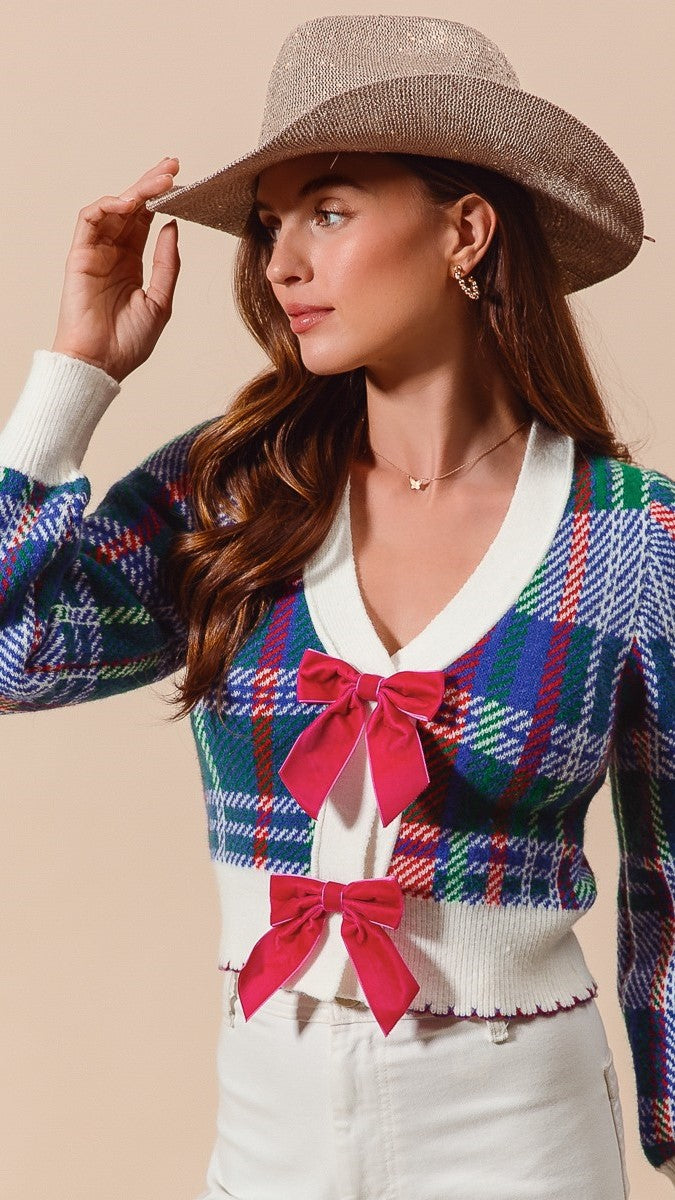 Velvet Bow Plaid Cardigan