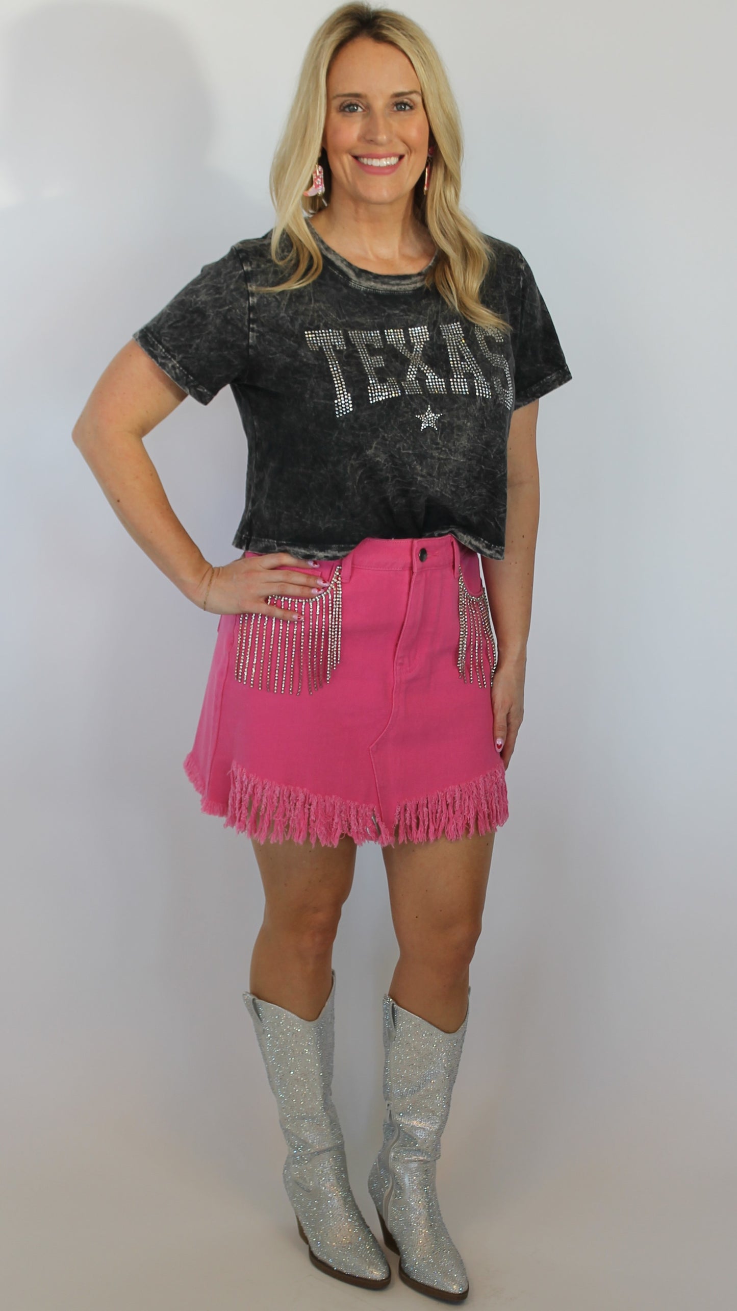 Pink Denim Rhinestone Skirt