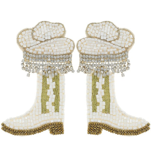Beaded Cowboy Boot & Hat Earrings with Rhinestone Fringe
