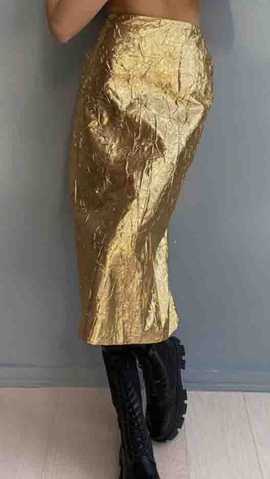 Metallic Foil Midi Skirt