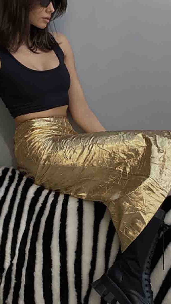 Metallic Foil Midi Skirt