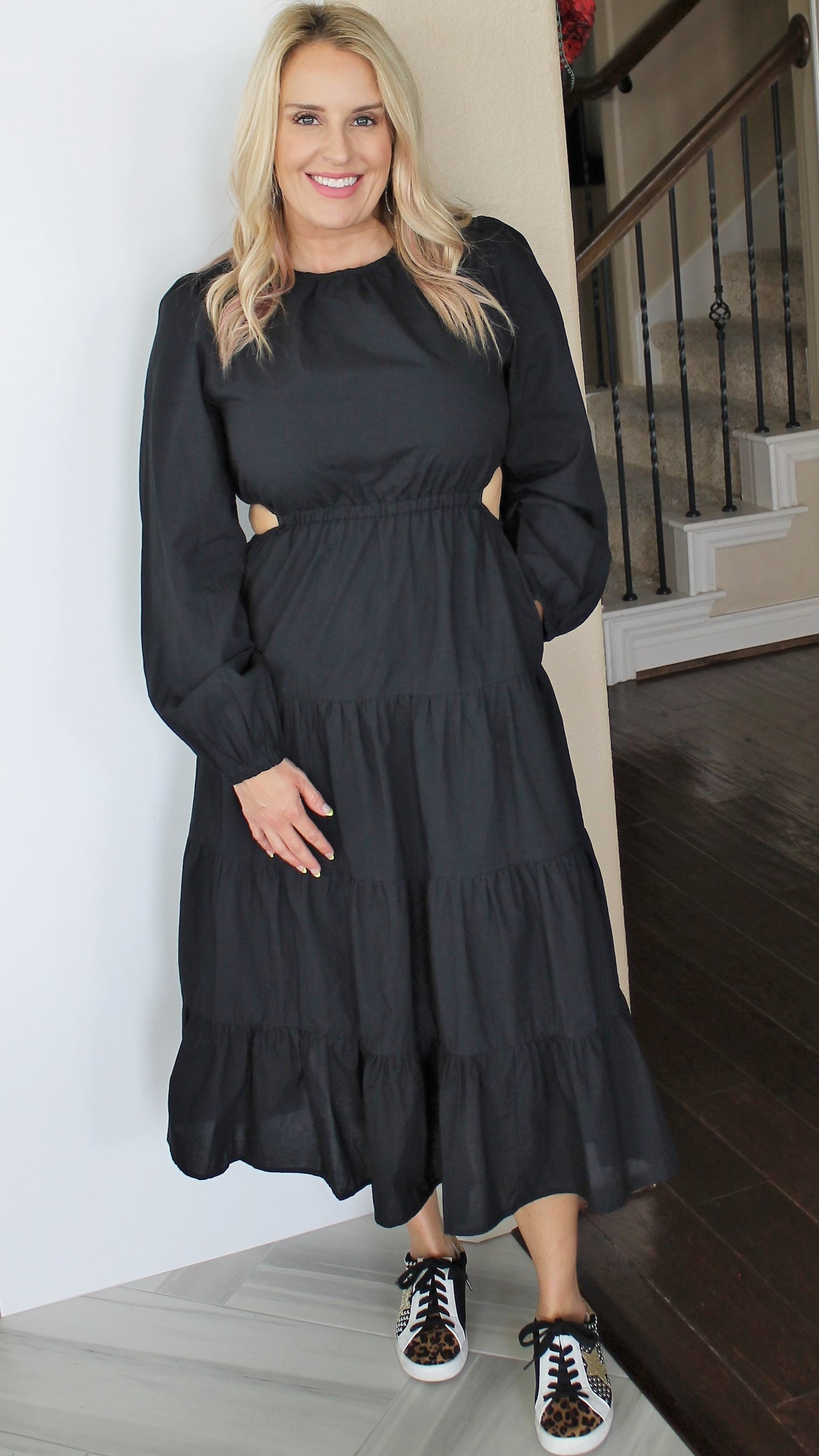 Long Sleeve Tiered Midi Dress