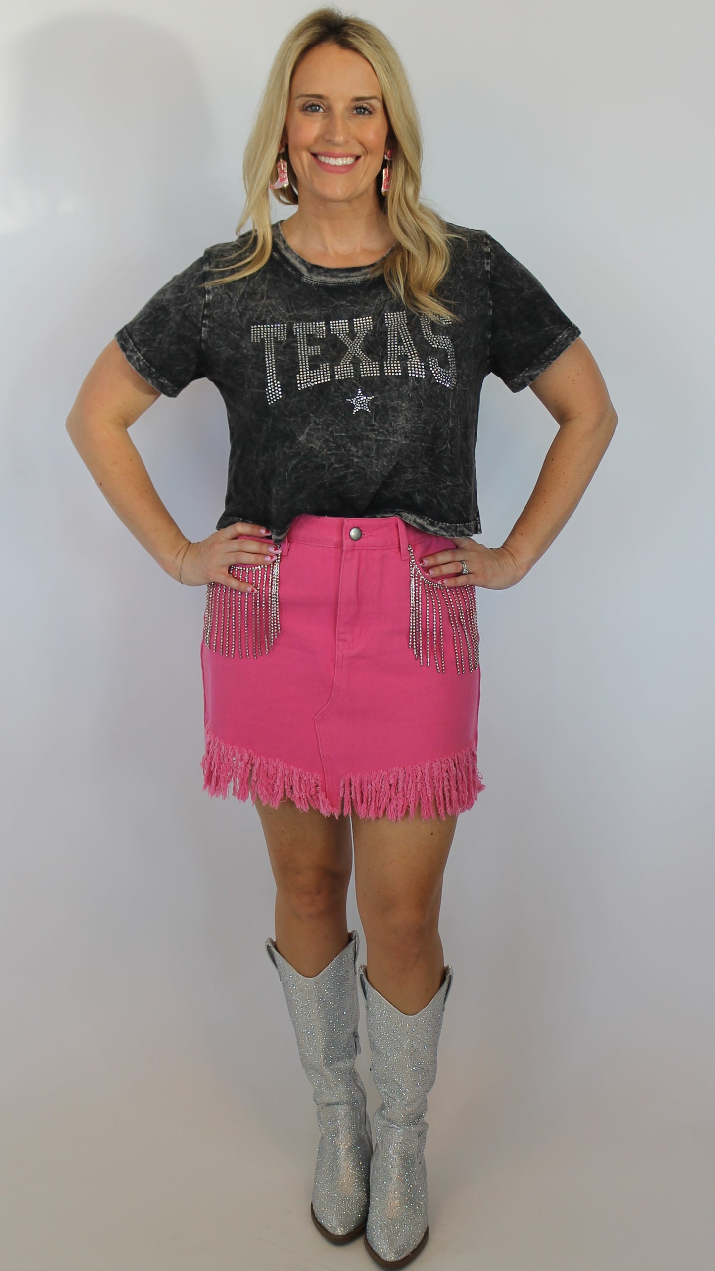 Pink Denim Rhinestone Skirt