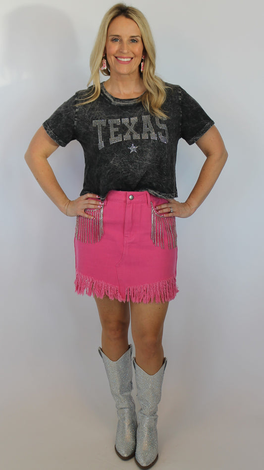 Pink Denim Rhinestone Skirt