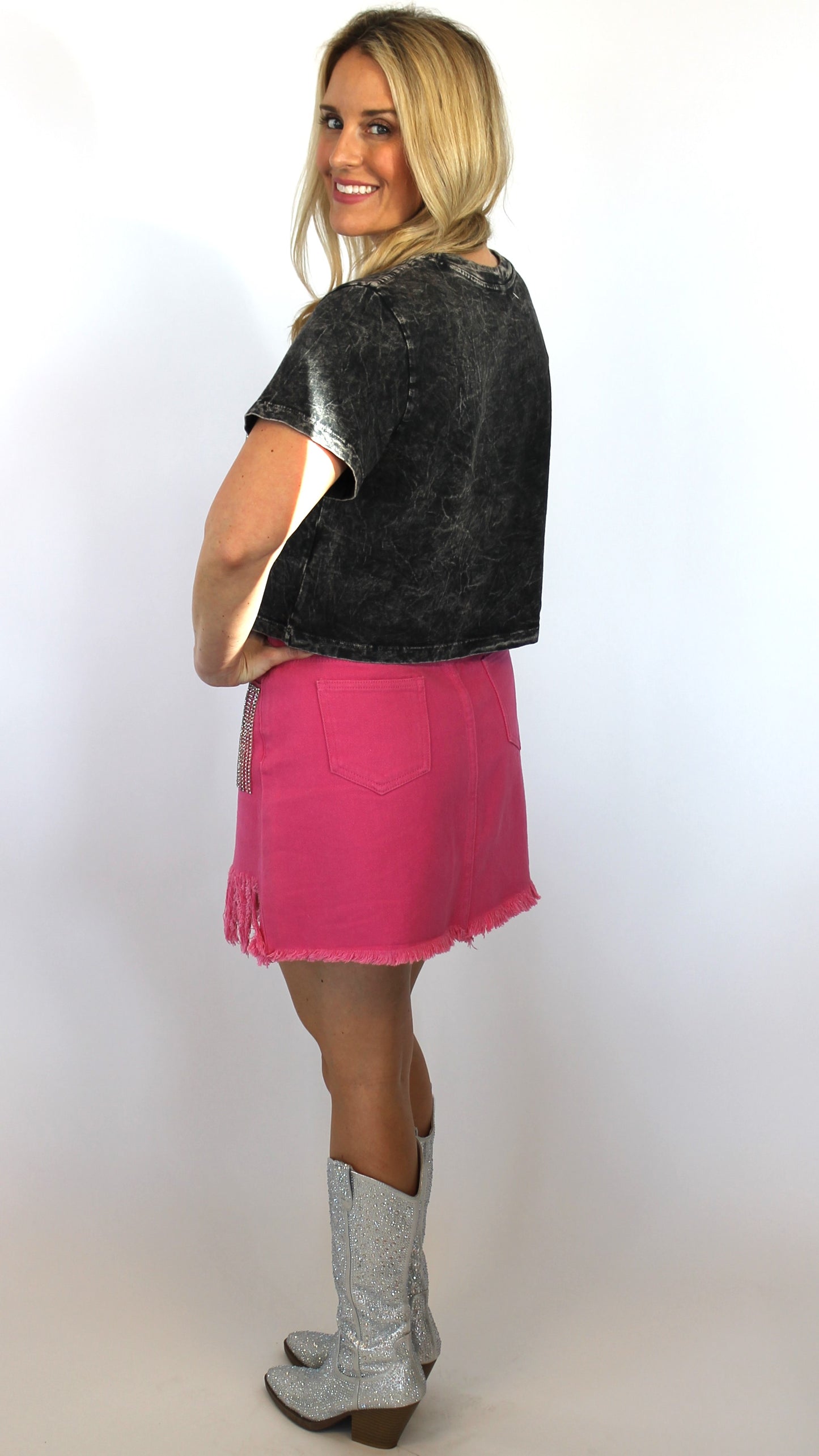 Pink Denim Rhinestone Skirt