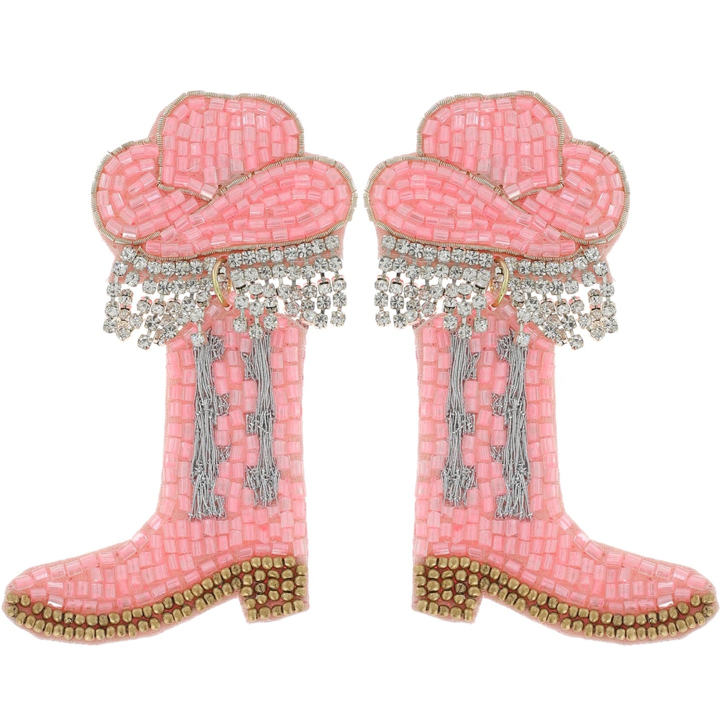 Beaded Cowboy Boot & Hat Earrings with Rhinestone Fringe