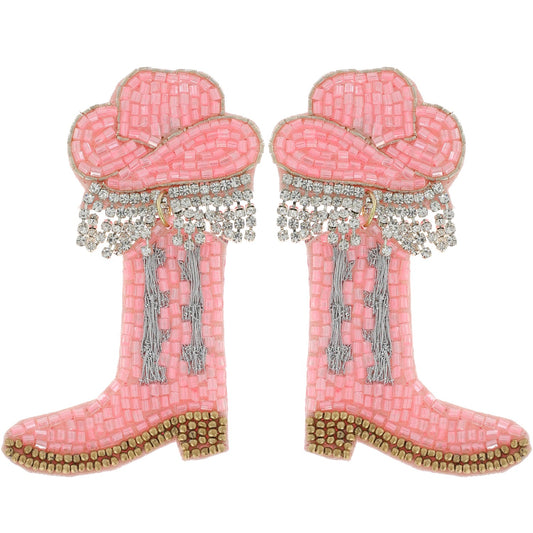 Beaded Cowboy Boot & Hat Earrings with Rhinestone Fringe