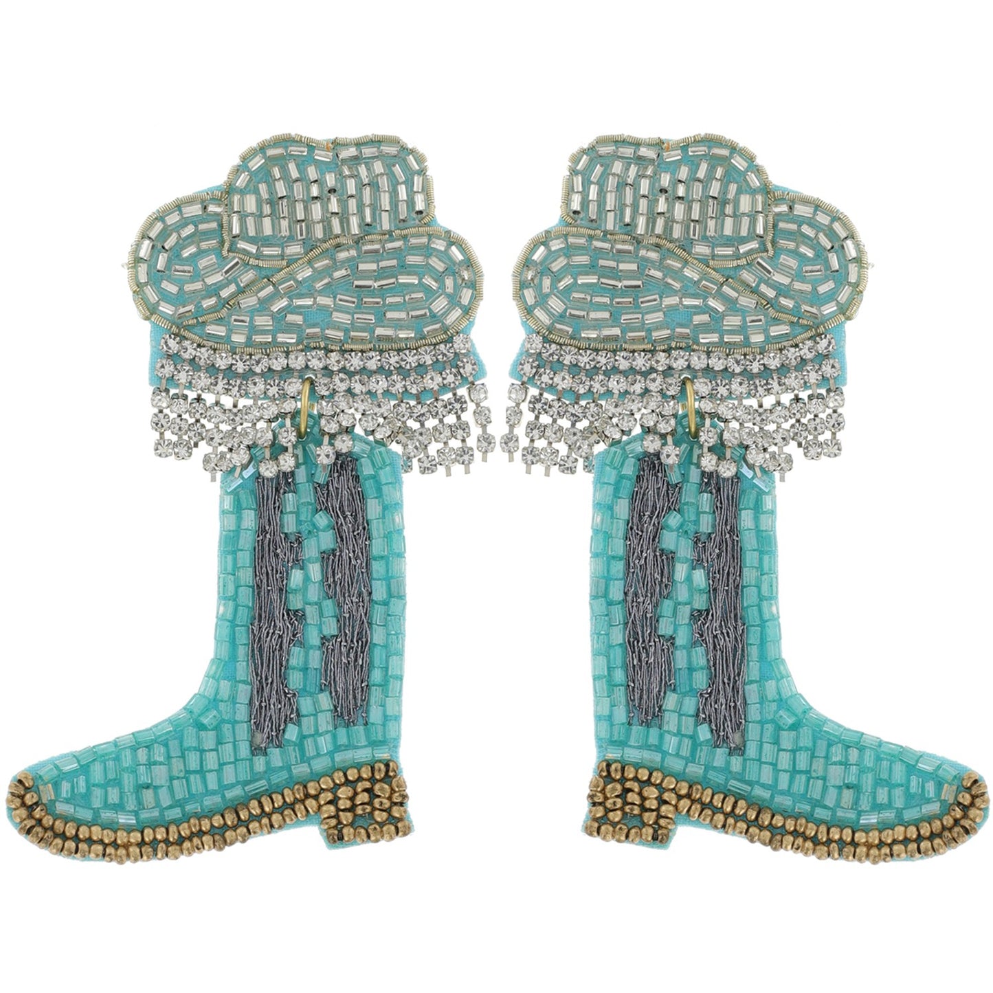 Beaded Cowboy Boot & Hat Earrings with Rhinestone Fringe